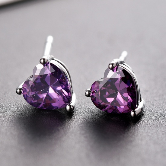 Picture of Copper Birthstone Ear Post Stud Earrings Silver Tone Heart February Purple Cubic Zirconia 17mm x 7mm, 1 Pair