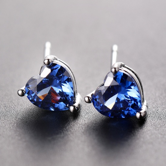 Picture of Copper Birthstone Ear Post Stud Earrings Silver Tone Heart September Royal Blue Cubic Zirconia 17mm x 7mm, 1 Pair