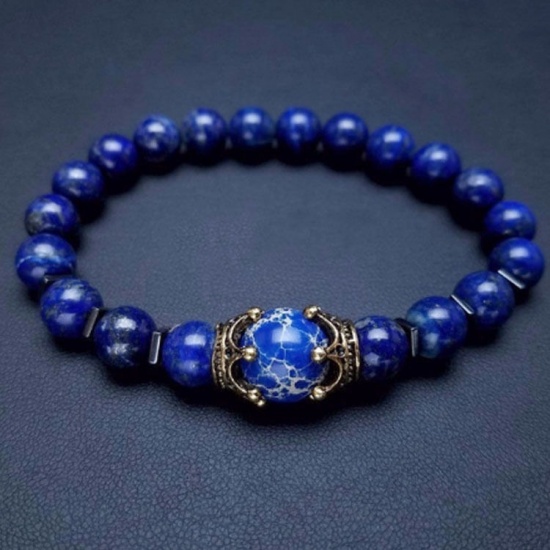 Imagen de Natural/teñido Lapis Dainty Bracelets Delicate Bracelets Beaded Bracelet Oro antiguo Azul Oscuro Ronda Corona 1 Unidad