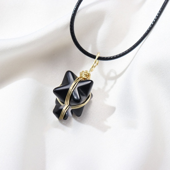 Picture of Obsidian ( Natural ) Wire Wrapped Necklace Black Star Of David Hexagram 45cm(17 6/8") long, 1 Piece