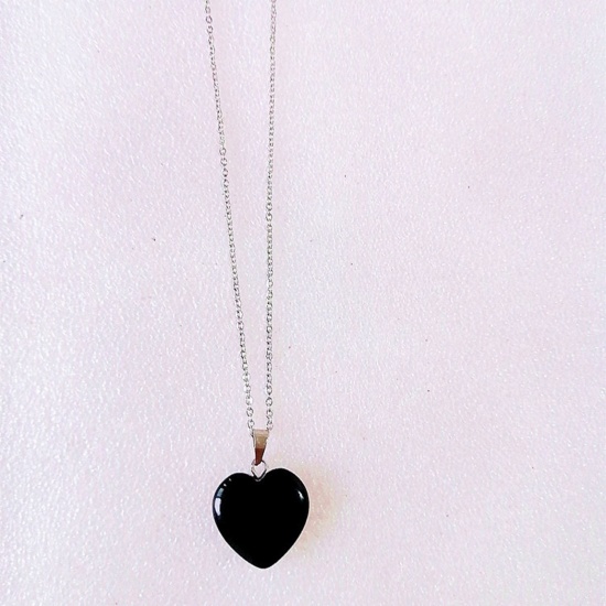 Picture of Obsidian ( Natural ) Necklace Black Heart 43cm(16 7/8") long, 1 Piece