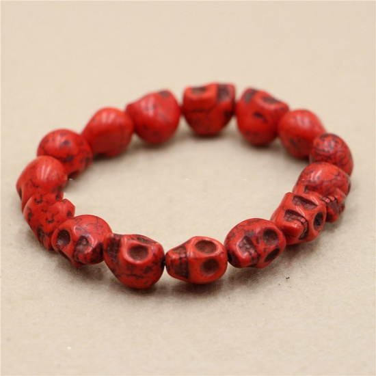 Imagen de Sintético Turquesa Halloween Dainty Bracelets Delicate Bracelets Beaded Bracelet Rojo Cráneo Elástico 18cm longitud, 1 Unidad