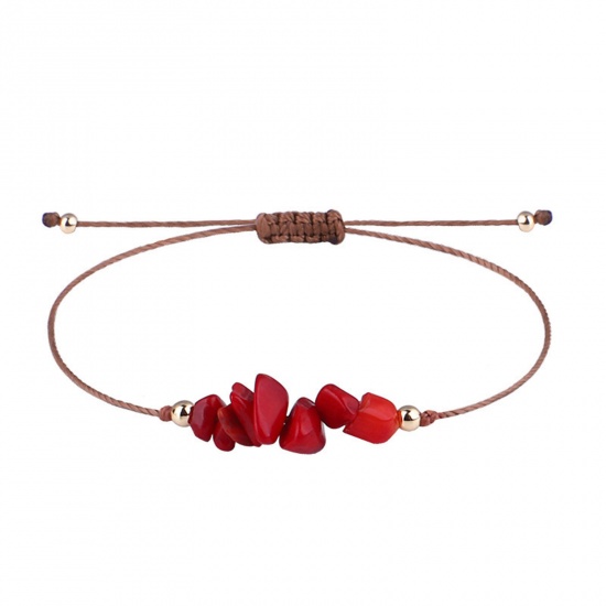 Bild von Natur Koralle Böhmischer Stil Geflochtene Armbänder Rot Chip Perlen Verstellbar 30cm lang, 1 Strang