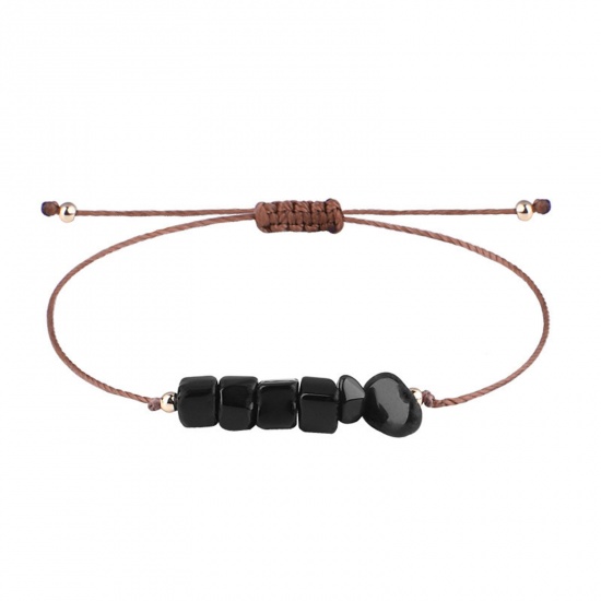 Bild von Natur Achat Böhmischer Stil Geflochtene Armbänder Schwarz Chip Perlen Verstellbar 30cm lang, 1 Strang