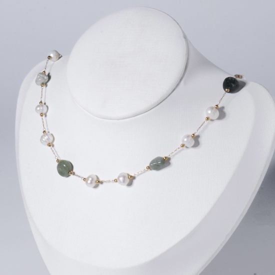 Bild von Achat ( Natur/Gefärbt ) Halskette Vergoldet Salbeigrün Unregelmäßig Imitat Perle 50cm lang, 1 Strang
