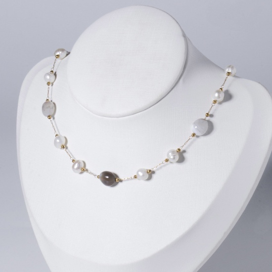 Bild von Achat ( Natur/Gefärbt ) Halskette Vergoldet Grau Unregelmäßig Imitat Perle 50cm lang, 1 Strang