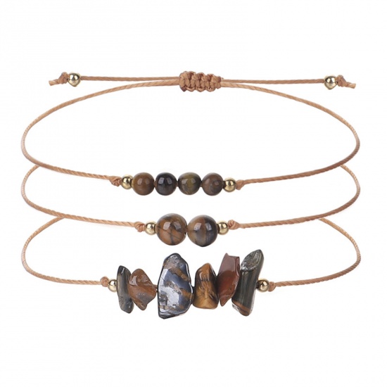 Immagine di Pietra di Occhi di Tigre Stile Bohemien Set Bracciale Marrone Scheggia di Perle Regolabile 30cm Lunghezza, 1 Serie ( 3 Pz/Serie)