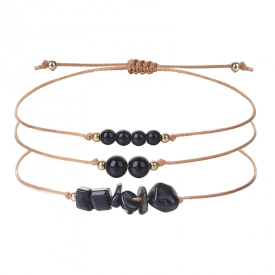 Immagine di Ematite Stile Bohemien Set Bracciale Nero Scheggia di Perle Regolabile 30cm Lunghezza, 1 Serie ( 3 Pz/Serie)
