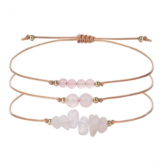 Immagine di Quarzo Rosa Stile Bohemien Set Bracciale Rosa Chiaro Scheggia di Perle Regolabile 30cm Lunghezza, 1 Serie ( 3 Pz/Serie)