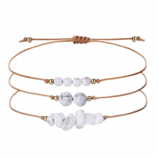 Immagine di Howlite Bianco Stile Bohemien Set Bracciale Bianco Scheggia di Perle Regolabile 30cm Lunghezza, 1 Serie ( 3 Pz/Serie)