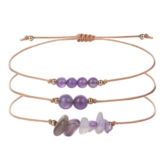 Immagine di Quarzo Rosa Stile Bohemien Set Bracciale Colore Viola Scheggia di Perle Regolabile 30cm Lunghezza, 1 Serie ( 3 Pz/Serie)