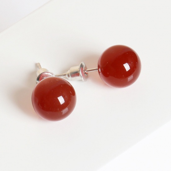 Bild von Red Agate ( Natural ) Ear Post Stud Earrings Silver Tone stainless steel Round With Stoppers 6mm Dia., Post/ Wire Size: (20 gauge), 1 Pair