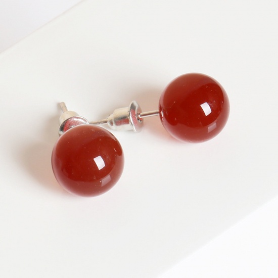 Bild von Red Agate ( Natural ) Ear Post Stud Earrings Silver Tone stainless steel Round With Stoppers 10mm Dia., Post/ Wire Size: (20 gauge), 1 Pair