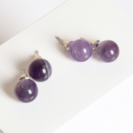 Bild von Amethyst ( Natural ) Ear Post Stud Earrings Silver Tone stainless steel Round With Stoppers 6mm Dia., Post/ Wire Size: (20 gauge), 1 Pair