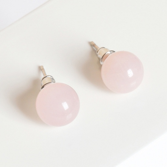 Bild von Rose Quartz ( Natural ) Ear Post Stud Earrings Silver Tone stainless steel Round With Stoppers 8mm Dia., Post/ Wire Size: (20 gauge), 1 Pair