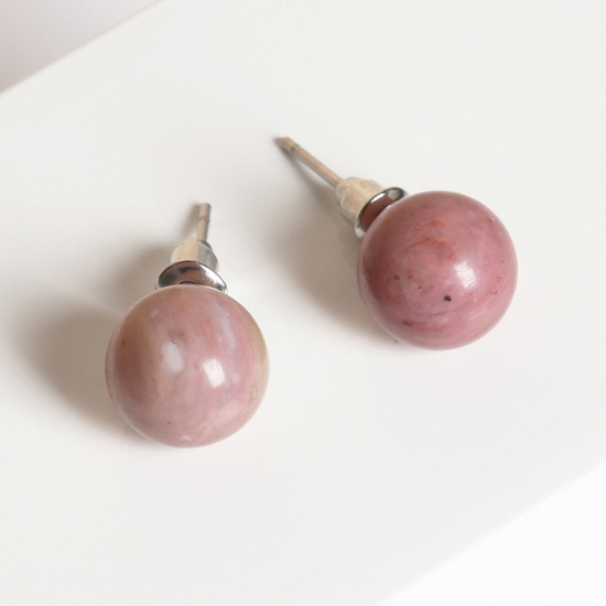 Bild von Rhodochrosite ( Natural ) Ear Post Stud Earrings Silver Tone stainless steel Round With Stoppers 10mm Dia., Post/ Wire Size: (20 gauge), 1 Pair