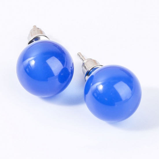 Bild von Blue Agate ( Natural ) Ear Post Stud Earrings Silver Tone stainless steel Round With Stoppers 10mm Dia., Post/ Wire Size: (20 gauge), 1 Pair