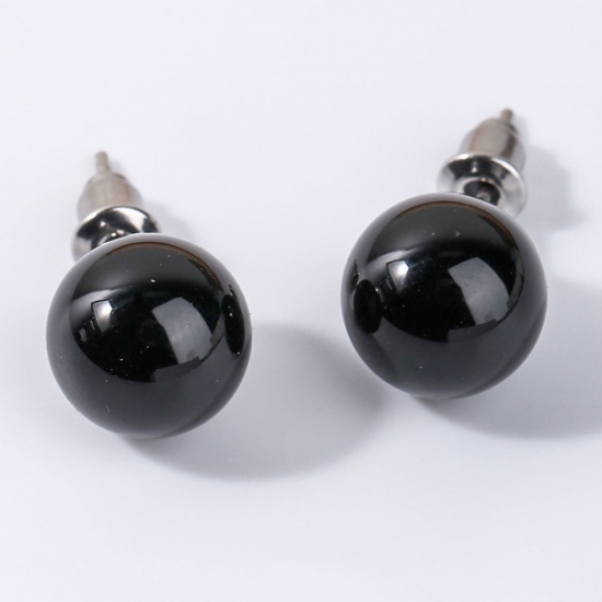 Bild von Black Onyx Agate ( Natural ) Ear Post Stud Earrings Silver Tone stainless steel Round With Stoppers 6mm Dia., Post/ Wire Size: (20 gauge), 1 Pair