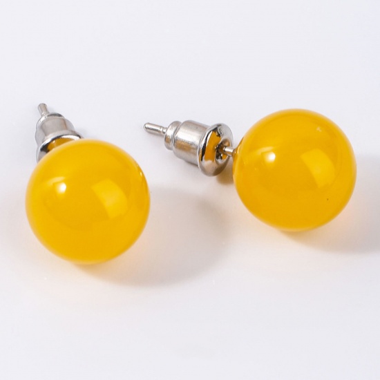 Bild von Agate ( Natural ) Ear Post Stud Earrings Silver Tone stainless steel Round With Stoppers 8mm Dia., Post/ Wire Size: (20 gauge), 1 Pair
