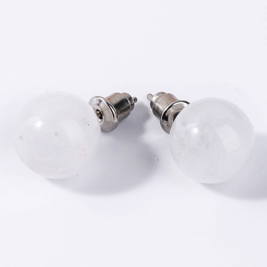 Bild von Quartz Rock Crystal ( Natural ) Ear Post Stud Earrings Silver Tone stainless steel Round With Stoppers 6mm Dia., Post/ Wire Size: (20 gauge), 1 Pair