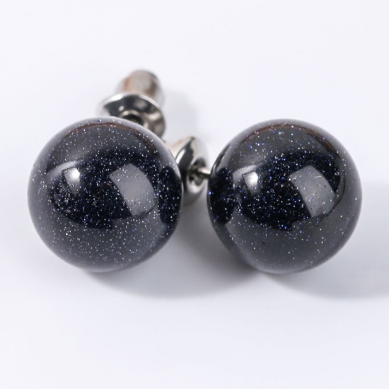 Bild von Blue Sand Stone ( Natural ) Ear Post Stud Earrings Silver Tone stainless steel Round With Stoppers 8mm Dia., Post/ Wire Size: (20 gauge), 1 Pair