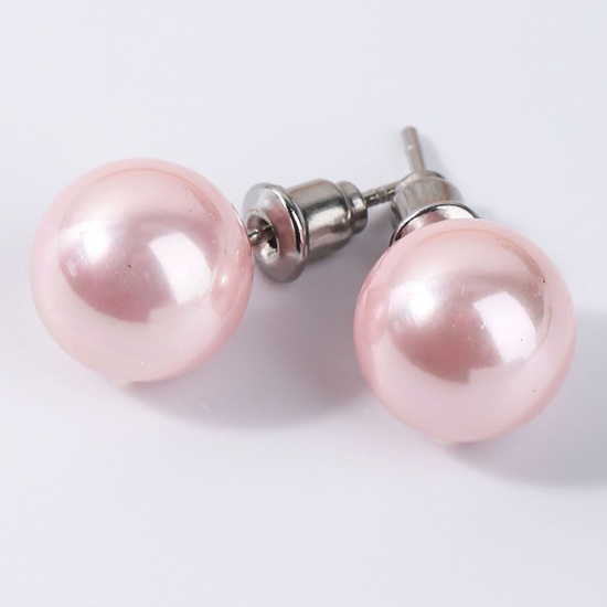 Bild von Stainless Steel & Shell ( Natural ) Ear Post Stud Earrings Silver Tone stainless steel Round With Stoppers 10mm Dia., Post/ Wire Size: (20 gauge), 1 Pair