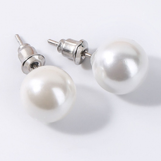 Bild von Stainless Steel & Shell ( Natural ) Ear Post Stud Earrings Silver Tone stainless steel Round With Stoppers 10mm Dia., Post/ Wire Size: (20 gauge), 1 Pair