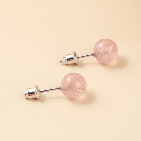 Bild von Strawberry Quartz ( Natural ) Ear Post Stud Earrings Silver Tone stainless steel Round With Stoppers 6mm Dia., Post/ Wire Size: (20 gauge), 1 Pair