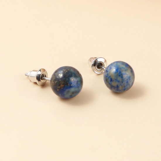 Bild von Lapis Lazuli ( Natural ) Ear Post Stud Earrings Silver Tone stainless steel Round With Stoppers 6mm Dia., Post/ Wire Size: (20 gauge), 1 Pair