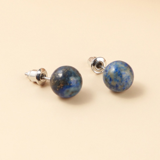 Bild von Lapis Lazuli ( Natural ) Ear Post Stud Earrings Silver Tone stainless steel Round With Stoppers 8mm Dia., Post/ Wire Size: (20 gauge), 1 Pair
