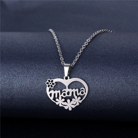 Bild von 304 Edelstahl Muttertag Gliederkette Kette Halskette Silberfarbe Herz Blumen Message " Mama " 45cm lang, 1 Strang