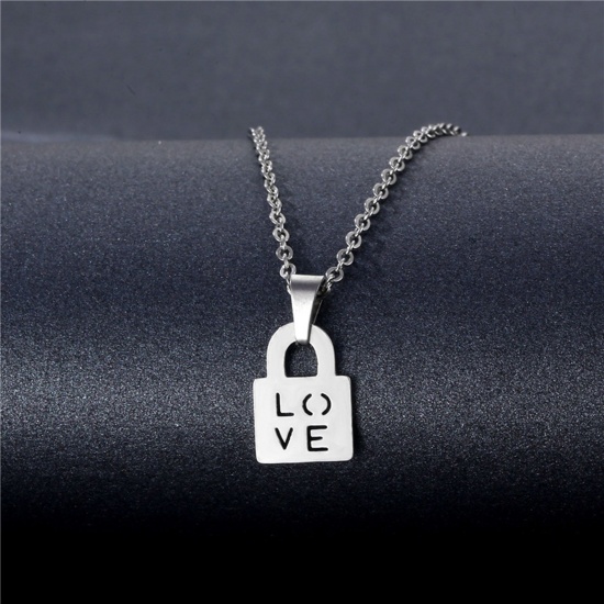 Bild von 304 Edelstahl Gliederkette Kette Halskette Silberfarbe Schloss Message " LOVE " 45cm lang, 1 Strang
