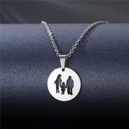 Immagine di 304 Acciaio Inossidabile Festa Della Mamma Cavo Catena Collana Tono Argento Genitori e Bambini Tondo 45cm Lunghezza, 1 Pz