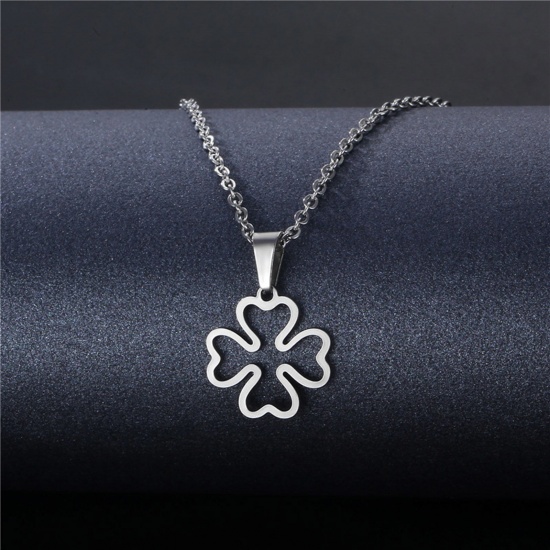 Immagine di 304 Acciaio Inossidabile Cavo Catena Collana Tono Argento Trifoglio del quattro-foglio 45cm Lunghezza, 1 Pz