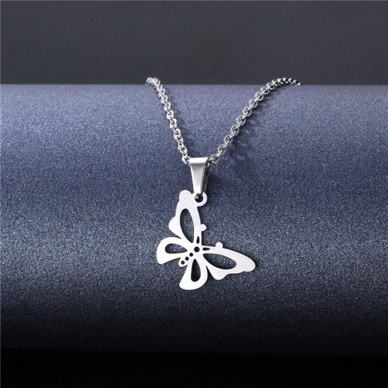 Immagine di 304 Acciaio Inossidabile Insetto Cavo Catena Collana Tono Argento Farfalla 45cm Lunghezza, 1 Pz