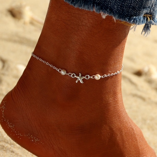 Picture of Ocean Jewelry Anklet Silver Tone Star Fish 18cm(7 1/8") long, 1 Piece