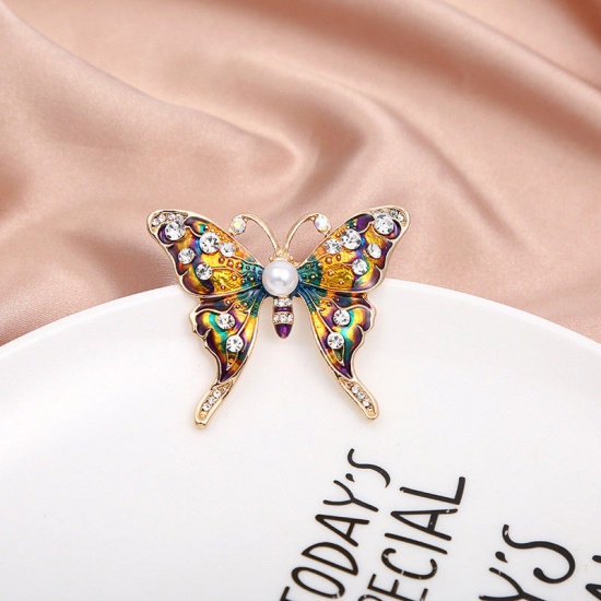 Image de Broche Epingle Exquis Papillon Or Rose Multicolore Imitation Perles à Strass Transparent 4.9cm x 4.1cm, 1 Pièce