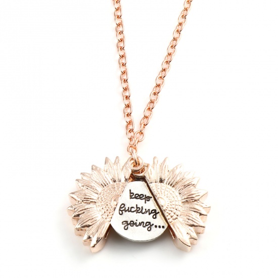 Picture of Necklace Rose Gold Sunflower Hidden Message " Keep fucking going " Can Open 52cm(20 4/8") long, 1 Piece