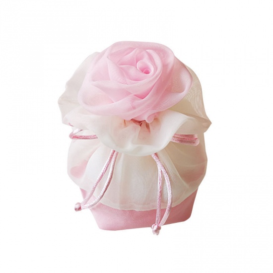 Picture of Wedding Gift Yarn Organza Jewelry Bags Rose Flower Light Pink 15cm x 15cm, 2 PCs