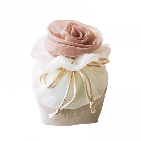 Picture of Wedding Gift Yarn Organza Jewelry Bags Rose Flower Light Khaki 15cm x 15cm, 2 PCs