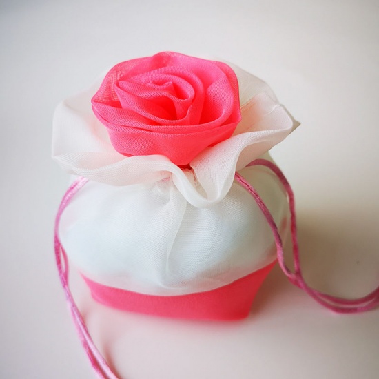 Picture of Wedding Gift Yarn Organza Jewelry Bags Rose Flower Light Salmon 15cm x 15cm, 2 PCs