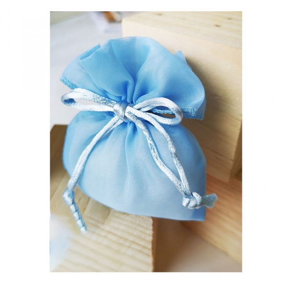 Picture of Wedding Gift Yarn Organza Jewelry Bags Bowknot Light Blue 14cm x 11.5cm, 5 PCs