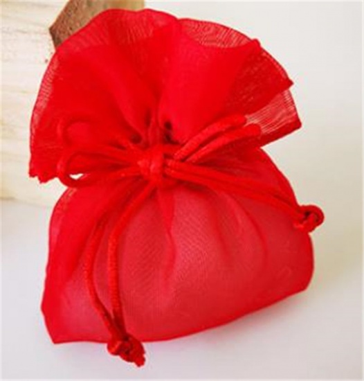 糸 結婚祝い ギフト オーガンジー袋 巾着袋 アクセサリーバック ラッピング   リボン 赤 ) 14cm x 11.5cm、 5 個 の画像