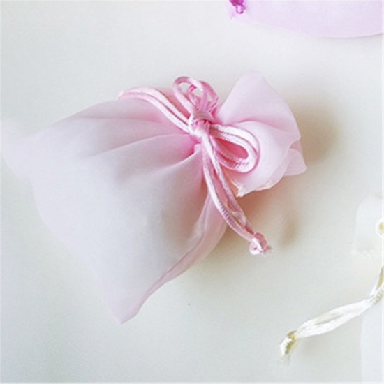 糸 結婚祝い ギフト オーガンジー袋 巾着袋 アクセサリーバック ラッピング   リボン 薄ピンク ) 14cm x 11.5cm、 5 個 の画像