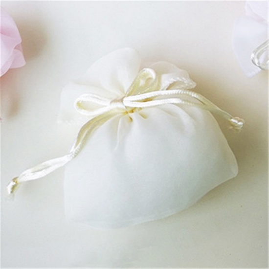 糸 結婚祝い ギフト オーガンジー袋 巾着袋 アクセサリーバック ラッピング   リボン ミルク白色 ) 14cm x 11.5cm、 5 個 の画像
