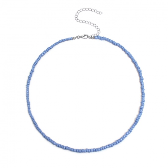 Picture of Glass Boho Chic Bohemia Choker Necklace Blue Handmade 38cm(15") long, 1 Piece