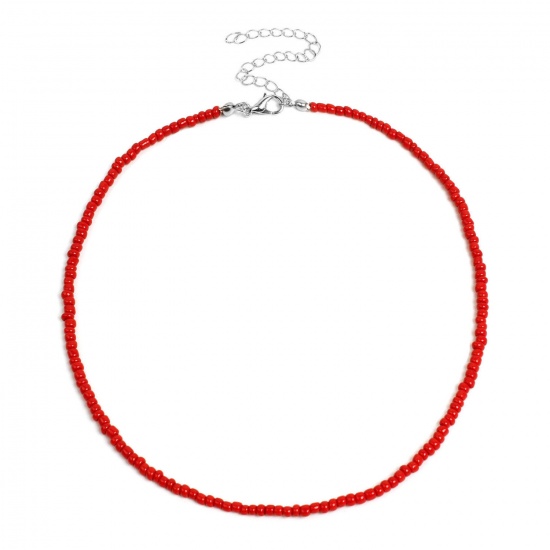 Picture of Boho Chic Bohemia Beaded Necklace Red Handmade 38cm(15") long, 1 Piece