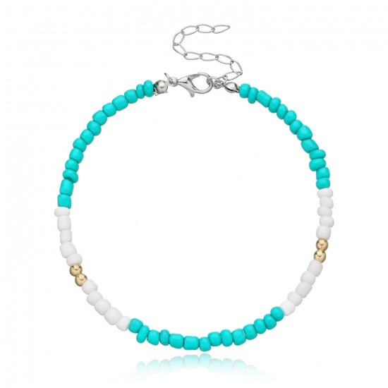 Picture of Acrylic Boho Chic Bohemia Beaded Anklet White & Green Blue Round 21.5cm(8 4/8") long, 1 Piece