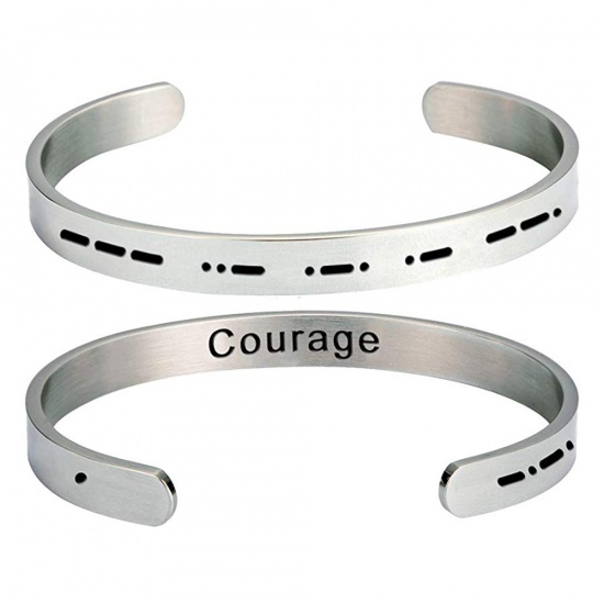 Picture of Stainless Steel Morse Code Open Cuff Bangles Bracelets Silver Tone Message " COURAGE " 60mm Dia., 1 Piece
