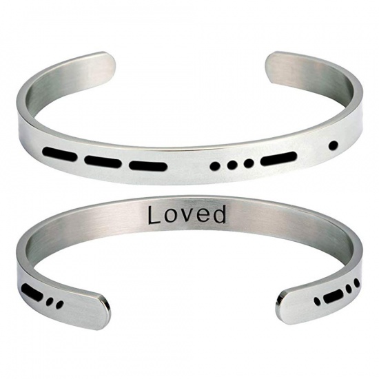Picture of Stainless Steel Morse Code Open Cuff Bangles Bracelets Silver Tone Message " LOVED " 60mm Dia., 1 Piece